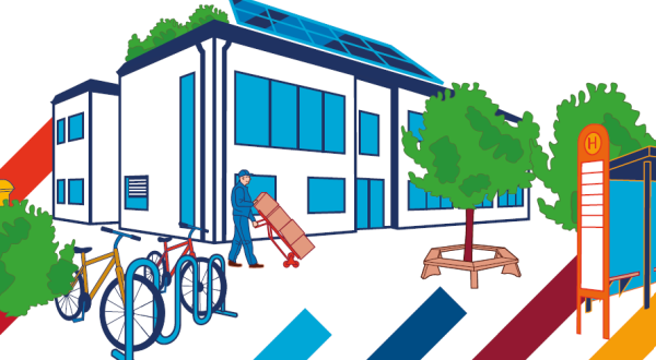 Illustration: Schulhaus und davor Fahrradständer, Bäume und eine Haltestelle