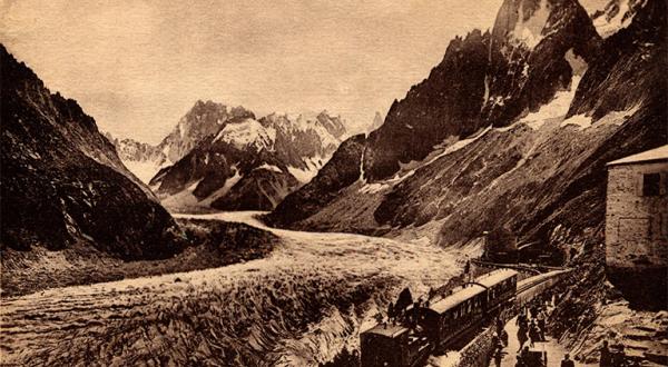 Der Gletscher Mer de Glace in den französischen Alpen bei Montanvert, Haute Savoie im Jahr 1916