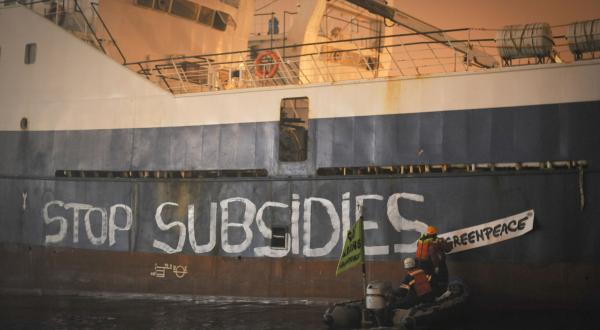 Greenpeace-Aktivisten malen "Stop subsidies" (Stoppt Subventionierung) auf einen Grundschleppnetz Trawler in Vigo, Oktober 2011
