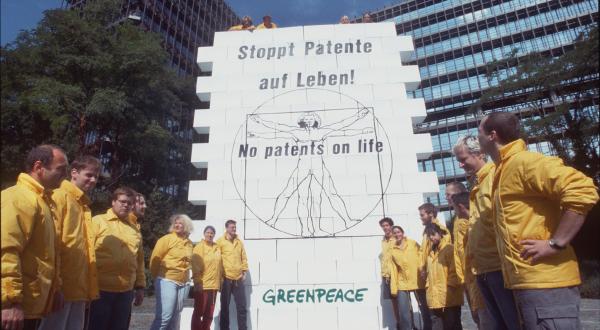 Greenpeace Aktivisten errichten vor dem Patentamt ein 6 m grosses Puzzle mit der Darstellung der menschlichen Proportionen von Leonardo da Vinci.