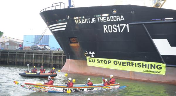 IJmuiden, Niederlande, Januar 2012: Greenpeace-Aktivisten protestieren gegen den Supertrawler Maartje Theadora