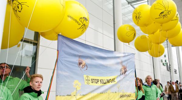Greenpeace-Aktivisten protestieren bei der Bayer Aktionärsversammlung gegen bienenschädliche Pestizide, April 2014