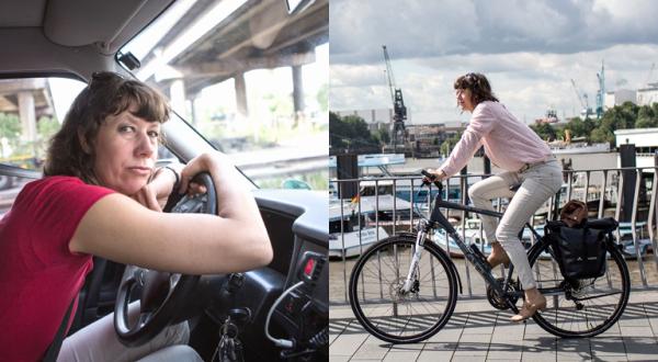 Ortrun Sadik rechts auf dem Fahrrad links im Auto auf ihrem Arbeitsweg vom Umland in die Hamburger Innenstadt