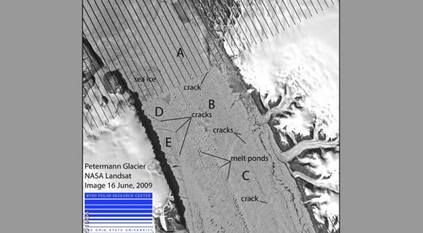 Satellitenbild der NASA: Bruchstellen am Petermann-Gletscher