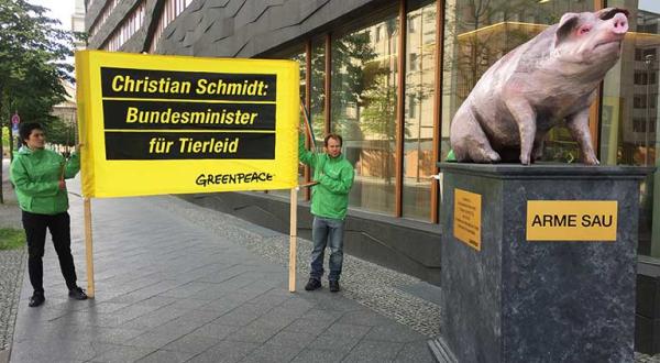 Greenpeace-Aktivisten demonstrieren mit „Mahnmal der armen Sau“ vor dem Bundeslandwirtschaftsministerium.