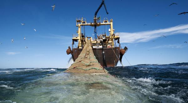 Ein Fabrikschiff mit Schleppnetz vor blauem Himmel