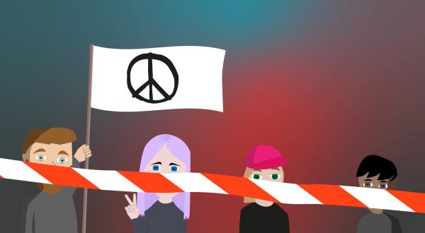 Grafik zeigt Menschendemo mit Absperrband vor dem Mund