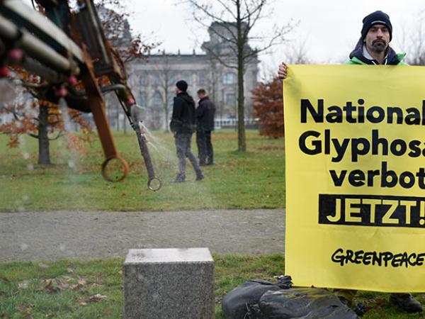Mit einem Traktor spritzen Greenpeace-Aktivisten Wasser vor den Reichstag. Damit protestieren sie gegen die Entscheidung von Landwirtschaftsminister Christian Schmidt, Glyphosat um weitere fünf Jahre zuzulassen. Sie fordern ein nationales Glyphosat-Verbot