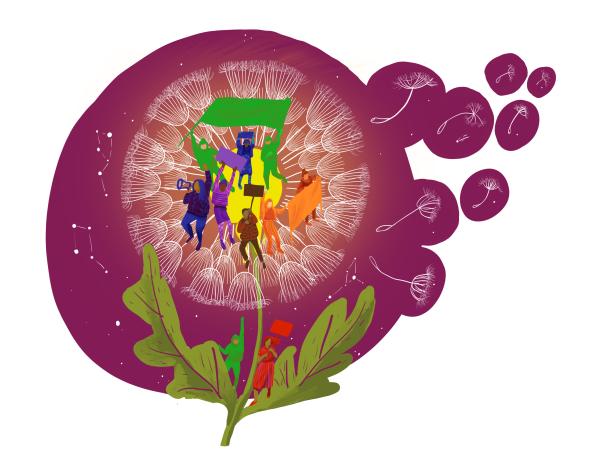 Zeichnung einer Pusteblume mit demonstrierenden Menschen darin