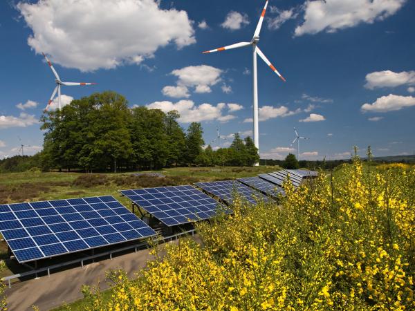 Wind-und Solaranlagen hinter Rapsfeld
