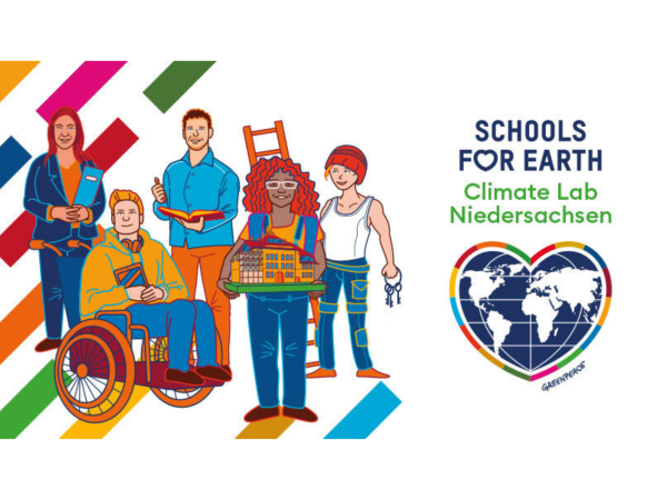 Illustration einer Schulgemeinschaft mit Schools for Earth Logo