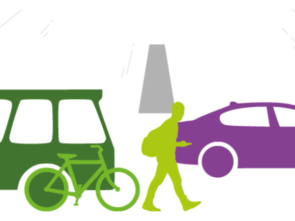 Grafik mit Bus, Fahrrad, Person und Auto